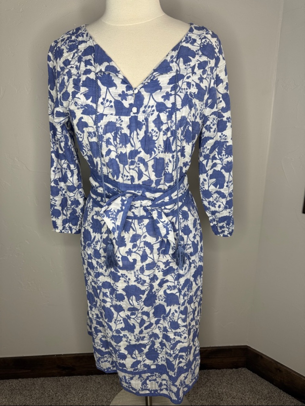 Studio Park Blue and White Floral Long Sleeve Belted Dress With Pockets